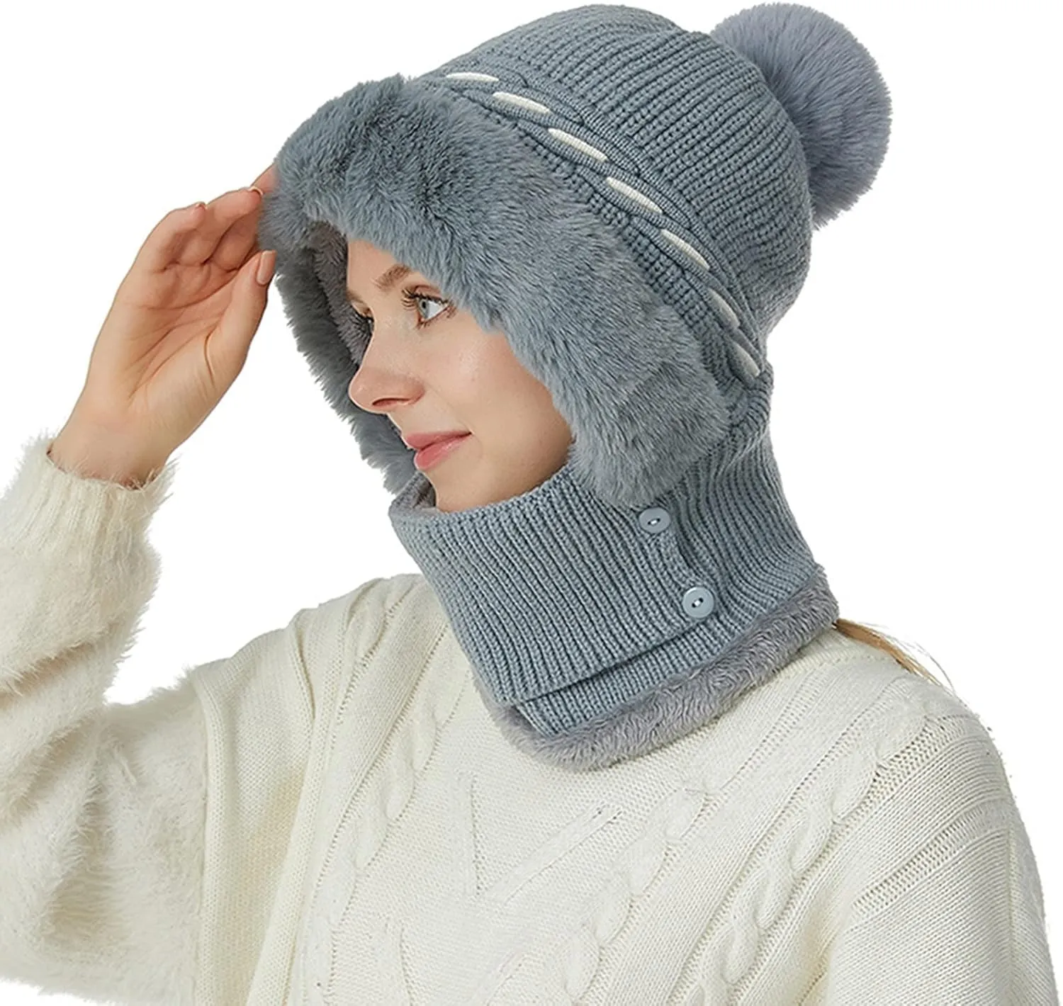 Warm Beanie Scarf 1 Pcs Fleece Lined Balaclava Face Mask Faux Fur Pompom Beanie Hat Set Slouchy Hooded Hat Slouchy Hooded Hat