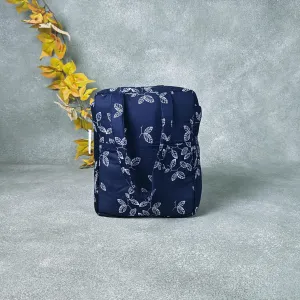 Water Proof Cotton Lunch Bag Indigo with White Floral Prints