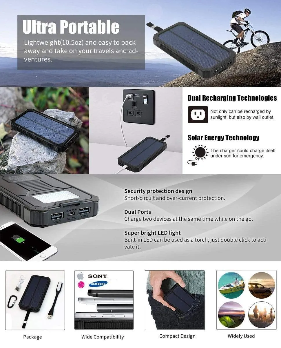 Waterproof Portable Solar Powered Phone /Battery Charger On The Go ! (20000mAh)