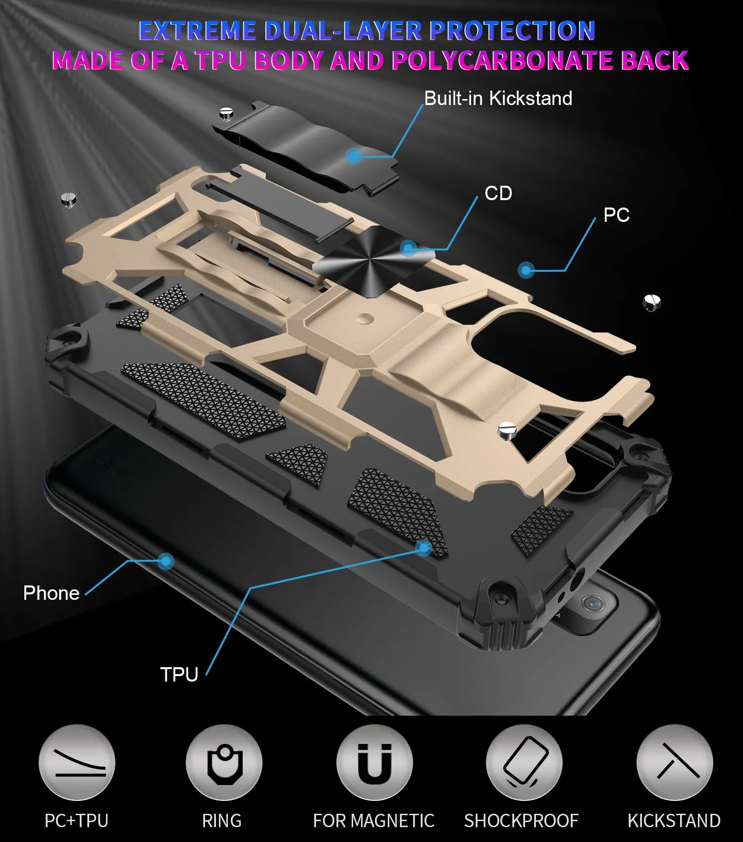 Wiko Ride 3 Case [Military Grade] Ring Car Mount Kickstand w/[Tempered Glass] Hybrid Hard PC Soft TPU Shockproof Protective Case - Gold
