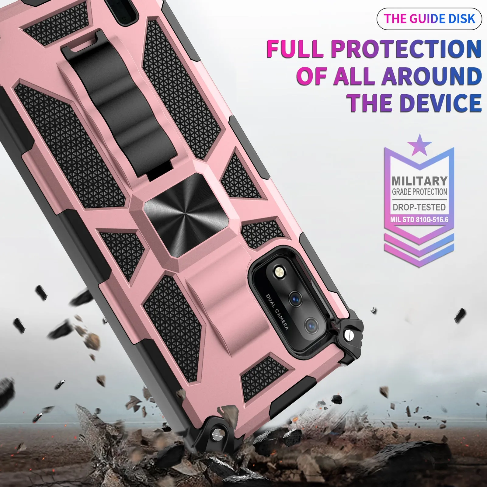 Wiko Ride 3 Case [Military Grade] Ring Car Mount Kickstand w/[Tempered Glass] Hybrid Hard PC Soft TPU Shockproof Protective Case - Rose Gold