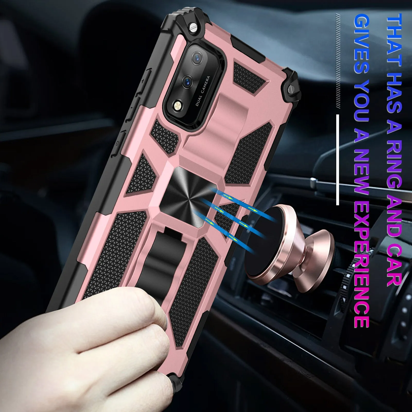 Wiko Ride 3 Case [Military Grade] Ring Car Mount Kickstand w/[Tempered Glass] Hybrid Hard PC Soft TPU Shockproof Protective Case - Rose Gold