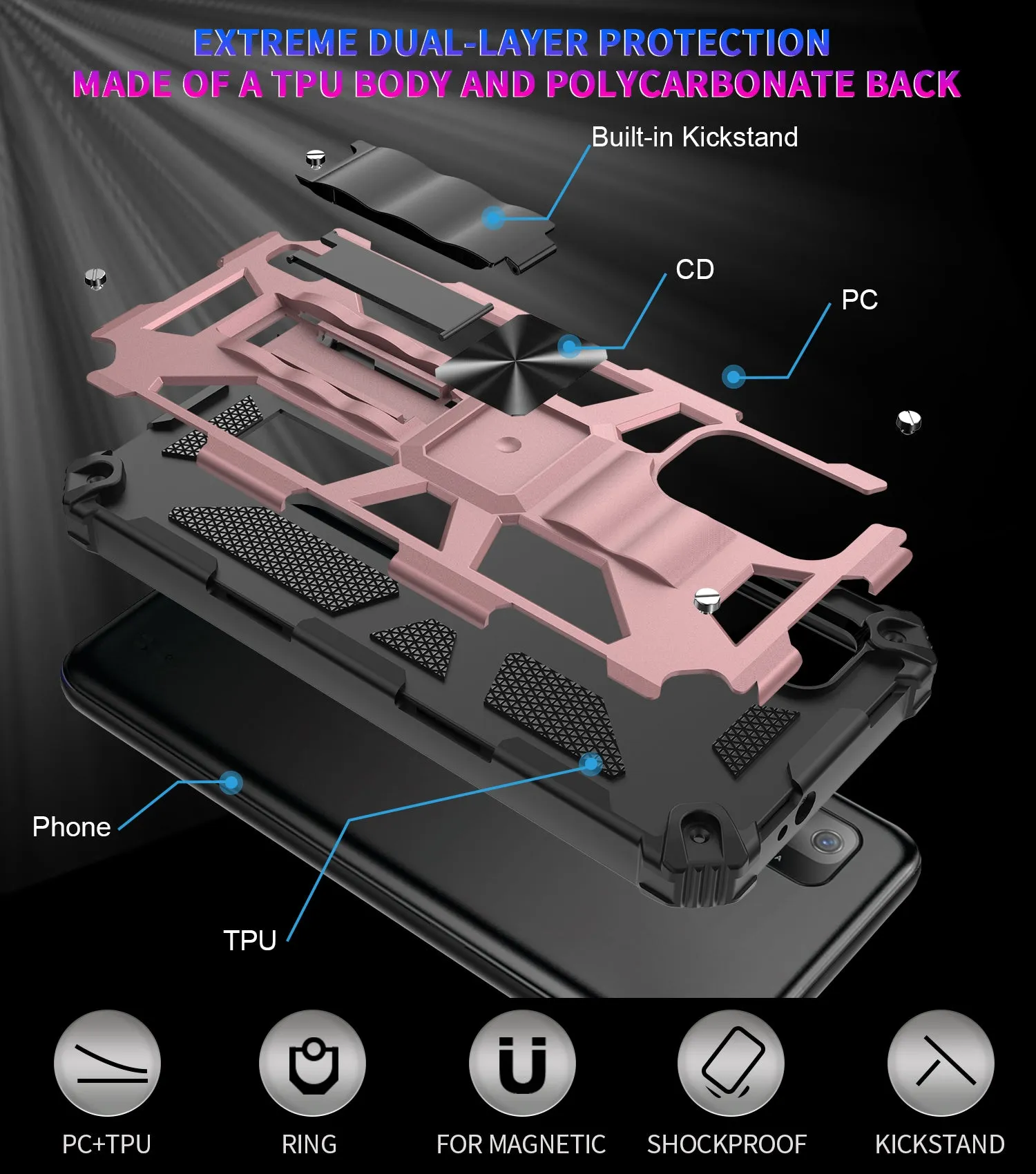 Wiko Ride 3 Case [Military Grade] Ring Car Mount Kickstand w/[Tempered Glass] Hybrid Hard PC Soft TPU Shockproof Protective Case - Rose Gold