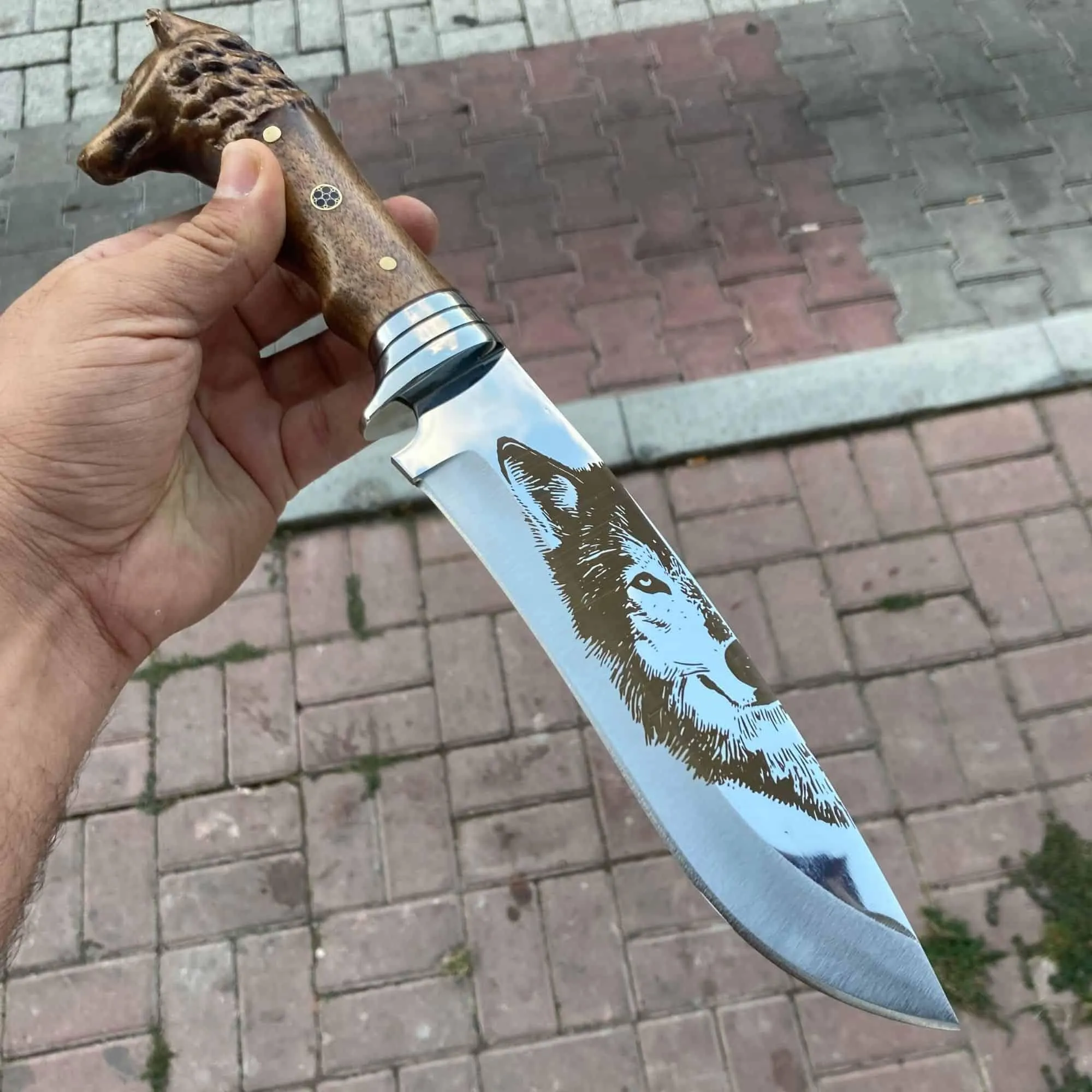 Wolf Head Handmade Hunting And Camping Straight Knife