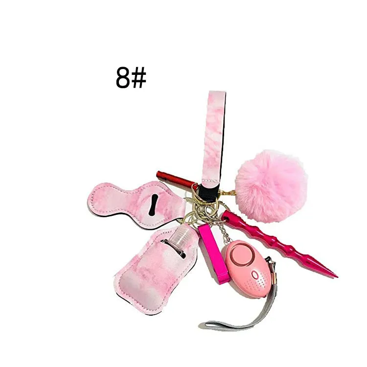 Women Personal Alarm Protection Key Chain Set Window Breaker Lipstick Holder Pom Pom Lanyard Coil Wirstlet