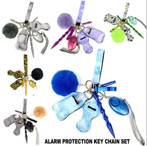 Women Personal Alarm Protection Key Chain Set Window Breaker Lipstick Holder Pom Pom Lanyard Coil Wirstlet