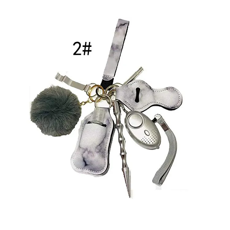 Women Personal Alarm Protection Key Chain Set Window Breaker Lipstick Holder Pom Pom Lanyard Coil Wirstlet