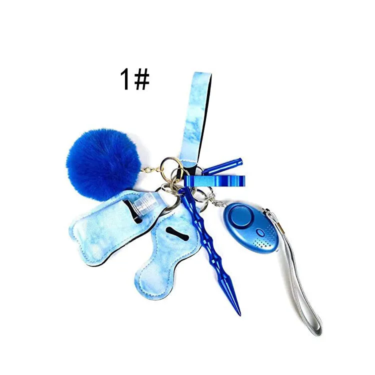 Women Personal Alarm Protection Key Chain Set Window Breaker Lipstick Holder Pom Pom Lanyard Coil Wirstlet