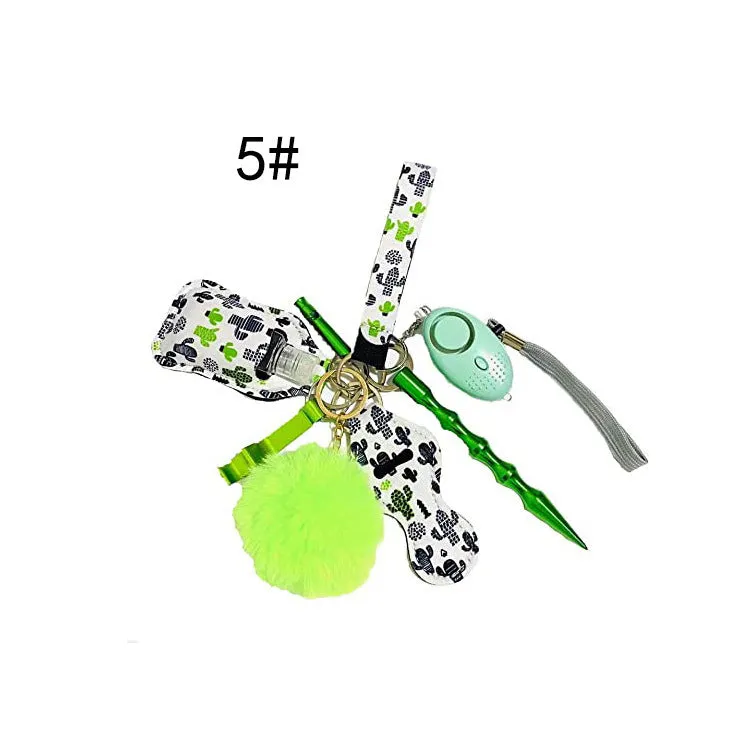 Women Personal Alarm Protection Key Chain Set Window Breaker Lipstick Holder Pom Pom Lanyard Coil Wirstlet
