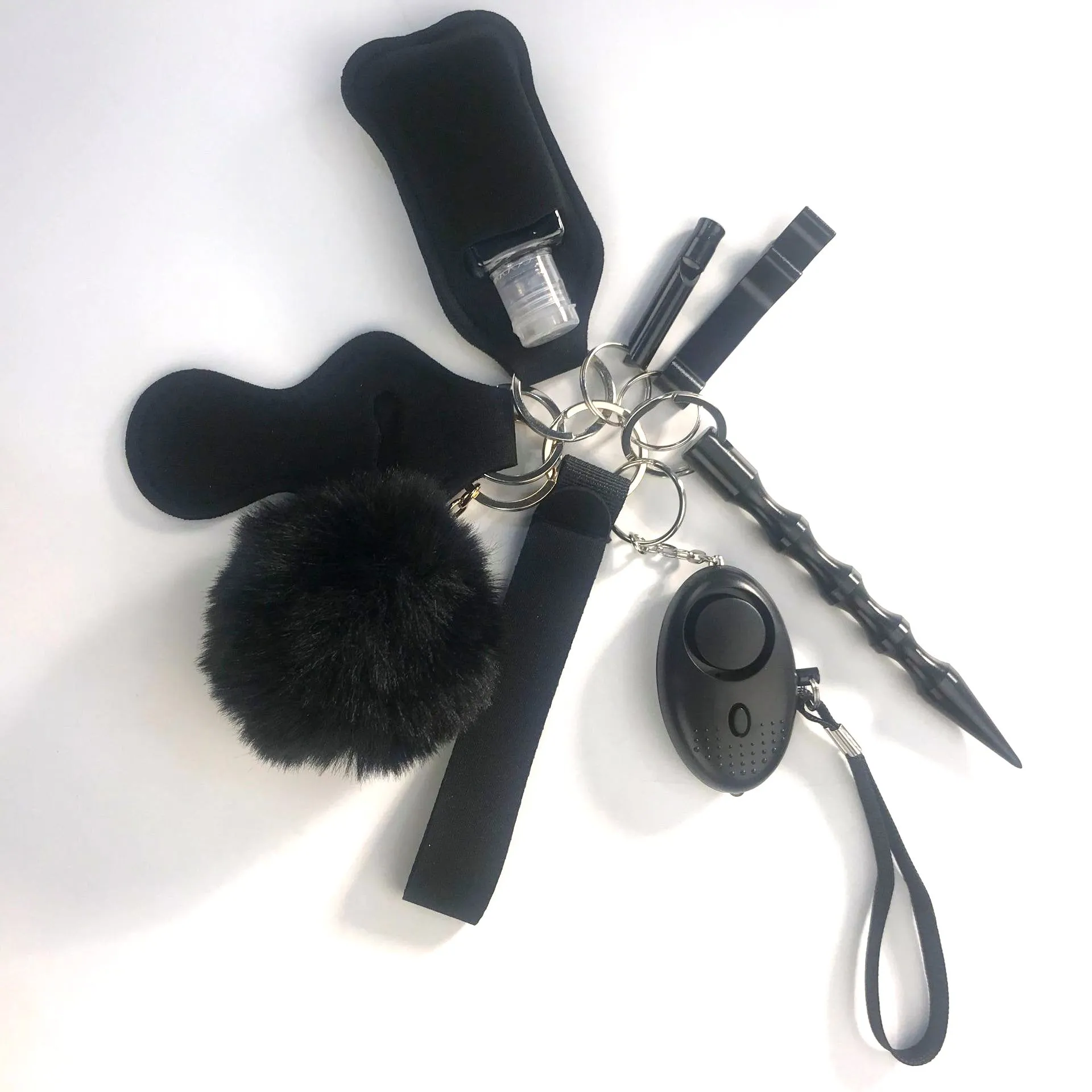 Women Personal Alarm Protection Key Chain Set Window Breaker Lipstick Holder Pom Pom Lanyard Coil Wirstlet