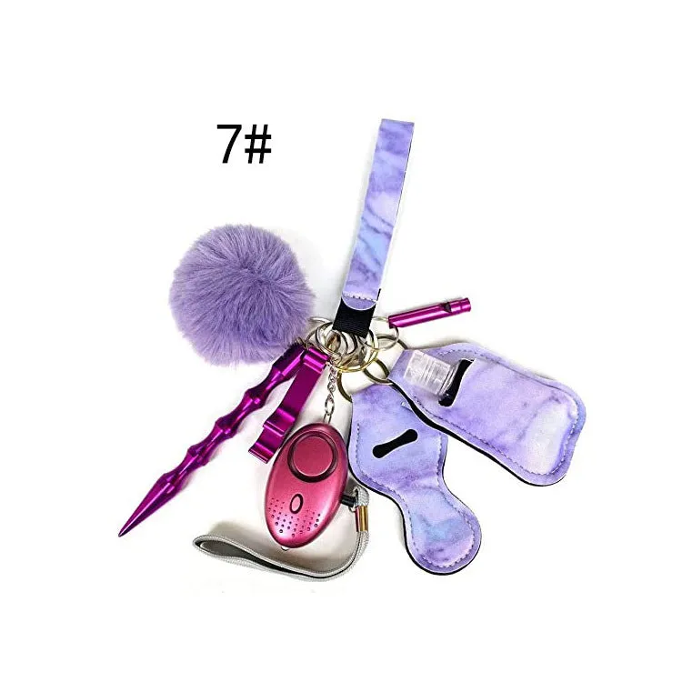 Women Personal Alarm Protection Key Chain Set Window Breaker Lipstick Holder Pom Pom Lanyard Coil Wirstlet