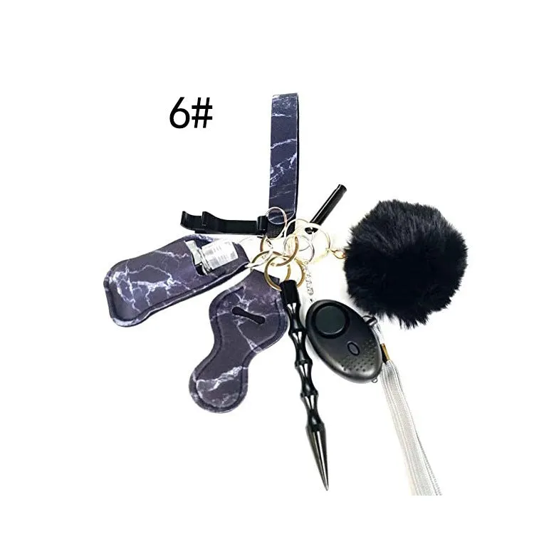 Women Personal Alarm Protection Key Chain Set Window Breaker Lipstick Holder Pom Pom Lanyard Coil Wirstlet