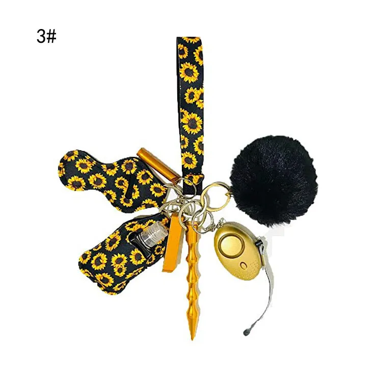 Women Personal Alarm Protection Key Chain Set Window Breaker Lipstick Holder Pom Pom Lanyard Coil Wirstlet
