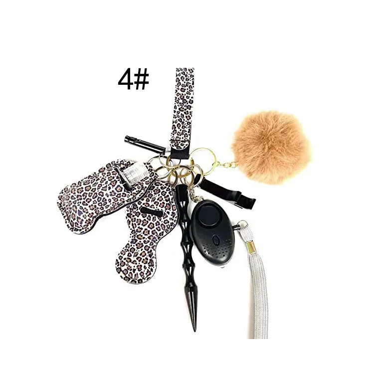 Women Personal Alarm Protection Key Chain Set Window Breaker Lipstick Holder Pom Pom Lanyard Coil Wirstlet