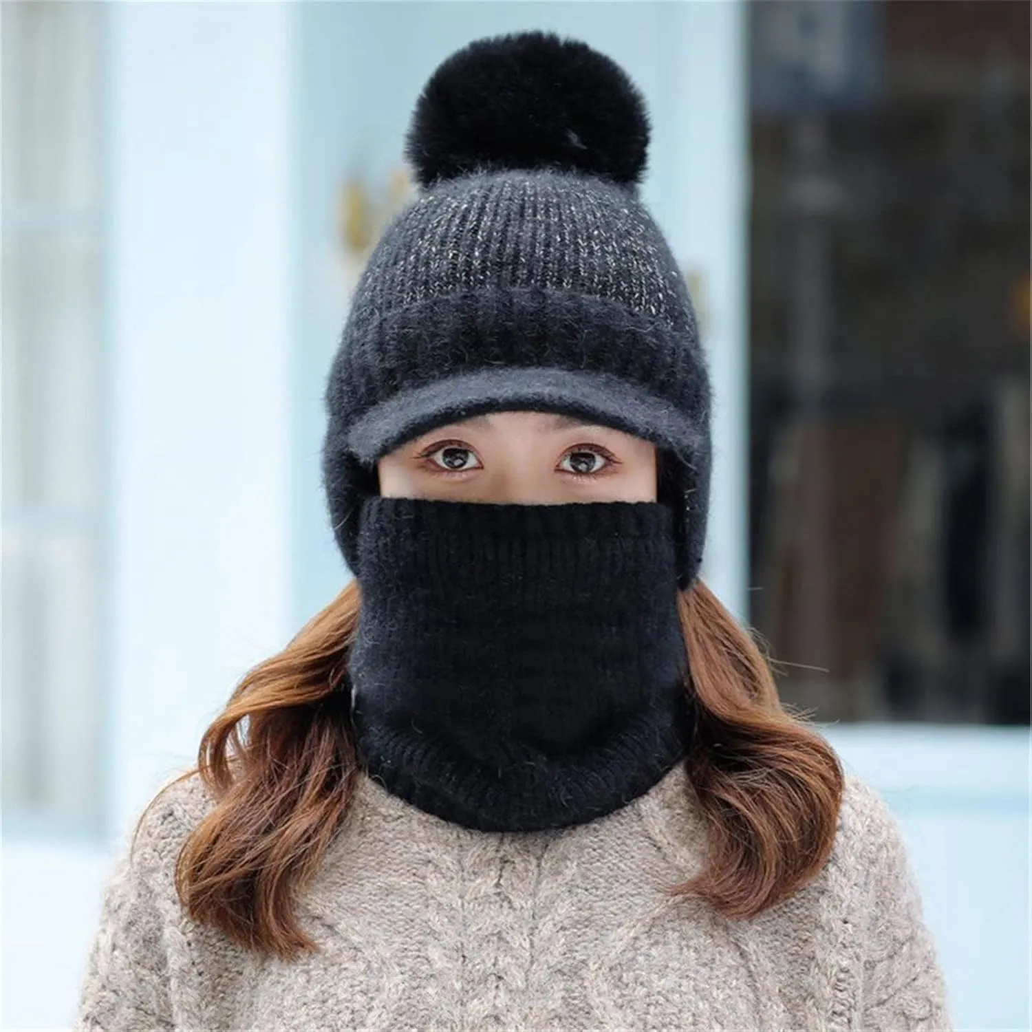 Women Winter One Piece Beanie Hat Slouchy Fleece Balaclavs Face Mas Neck Scarf Set Earmuff Ski Snow Knit Hat