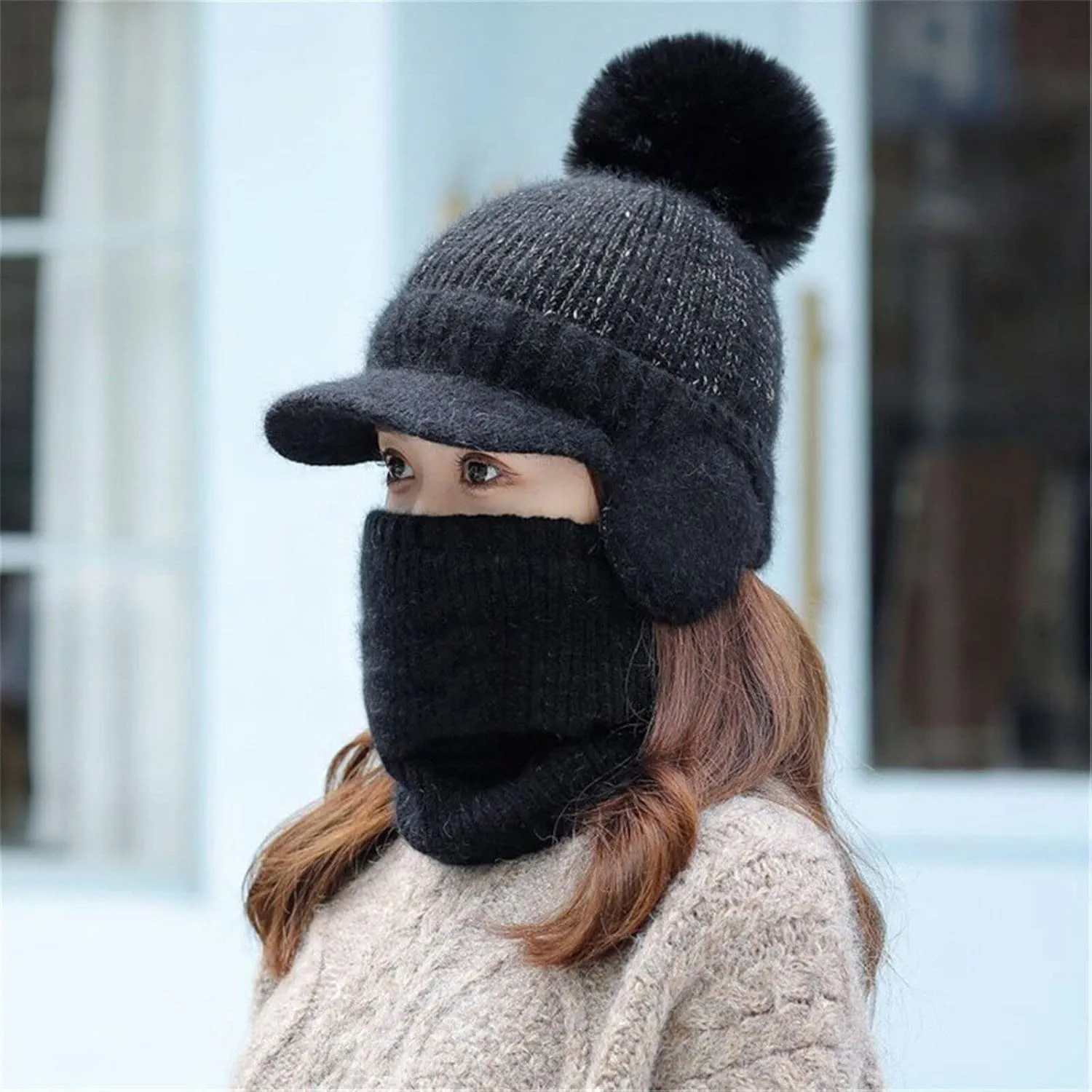 Women Winter One Piece Beanie Hat Slouchy Fleece Balaclavs Face Mas Neck Scarf Set Earmuff Ski Snow Knit Hat