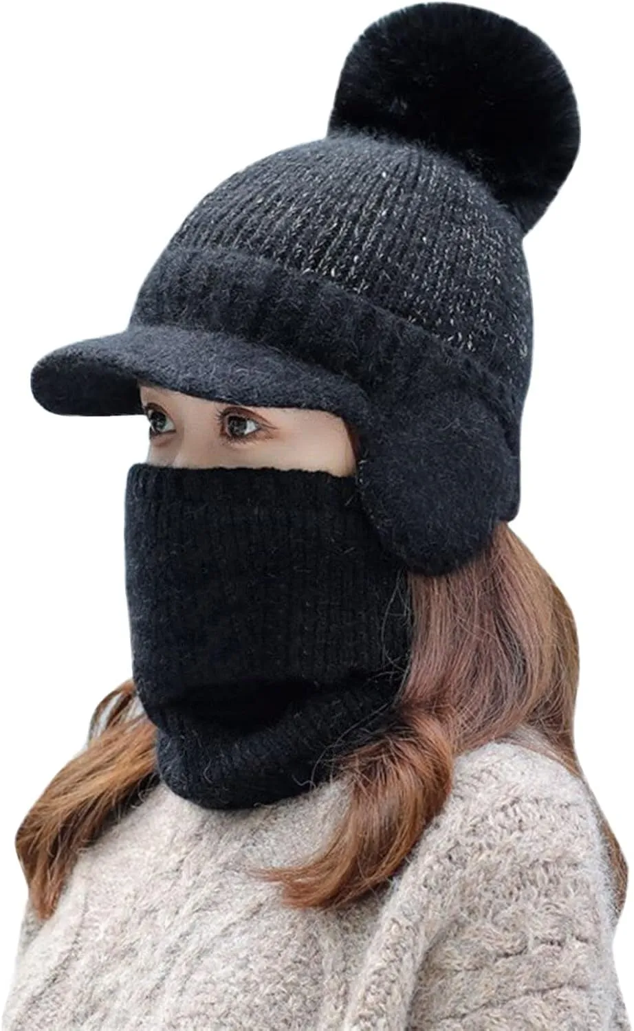 Women Winter One Piece Beanie Hat Slouchy Fleece Balaclavs Face Mas Neck Scarf Set Earmuff Ski Snow Knit Hat