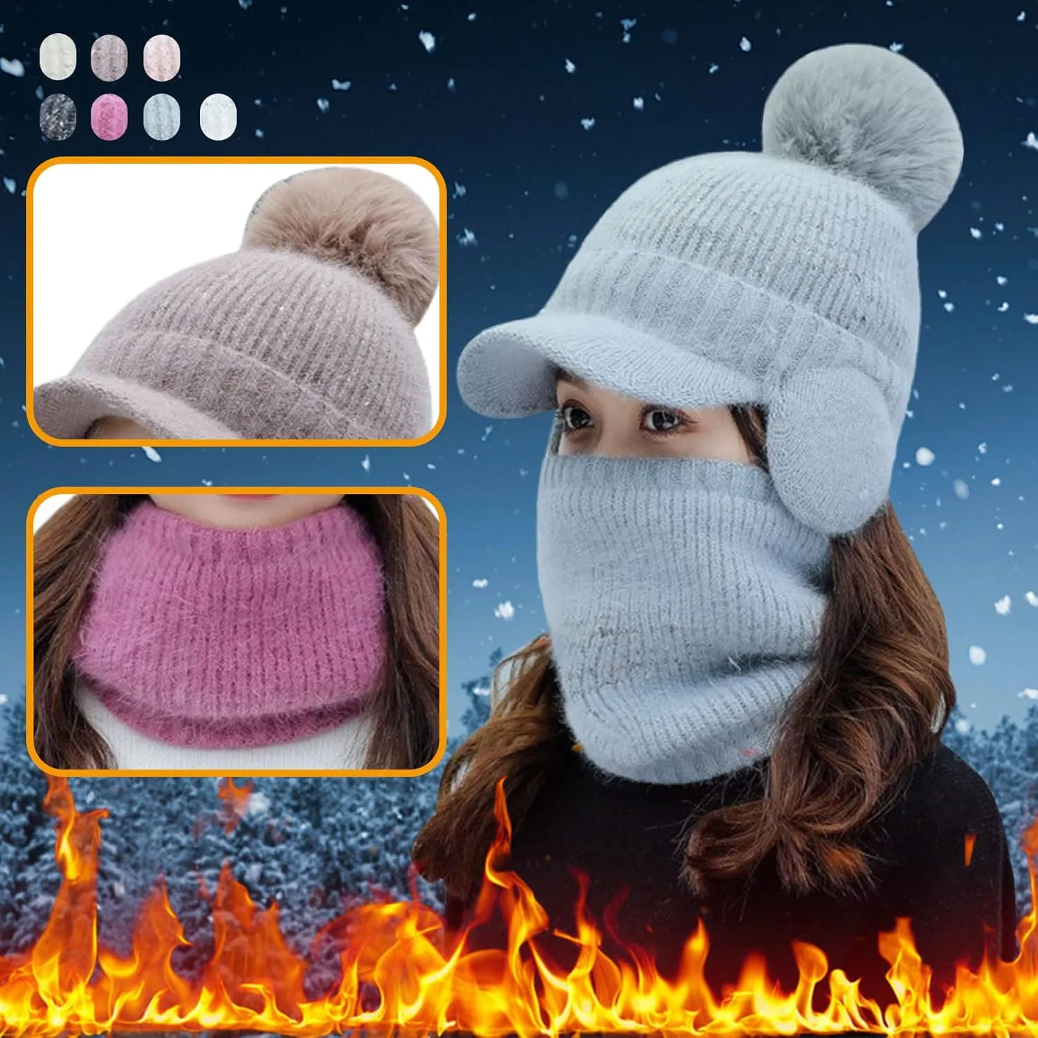 Women Winter One Piece Beanie Hat Slouchy Fleece Balaclavs Face Mas Neck Scarf Set Earmuff Ski Snow Knit Hat