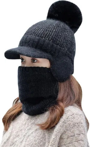 Women Winter One Piece Beanie Hat Slouchy Fleece Balaclavs Face Mas Neck Scarf Set Earmuff Ski Snow Knit Hat