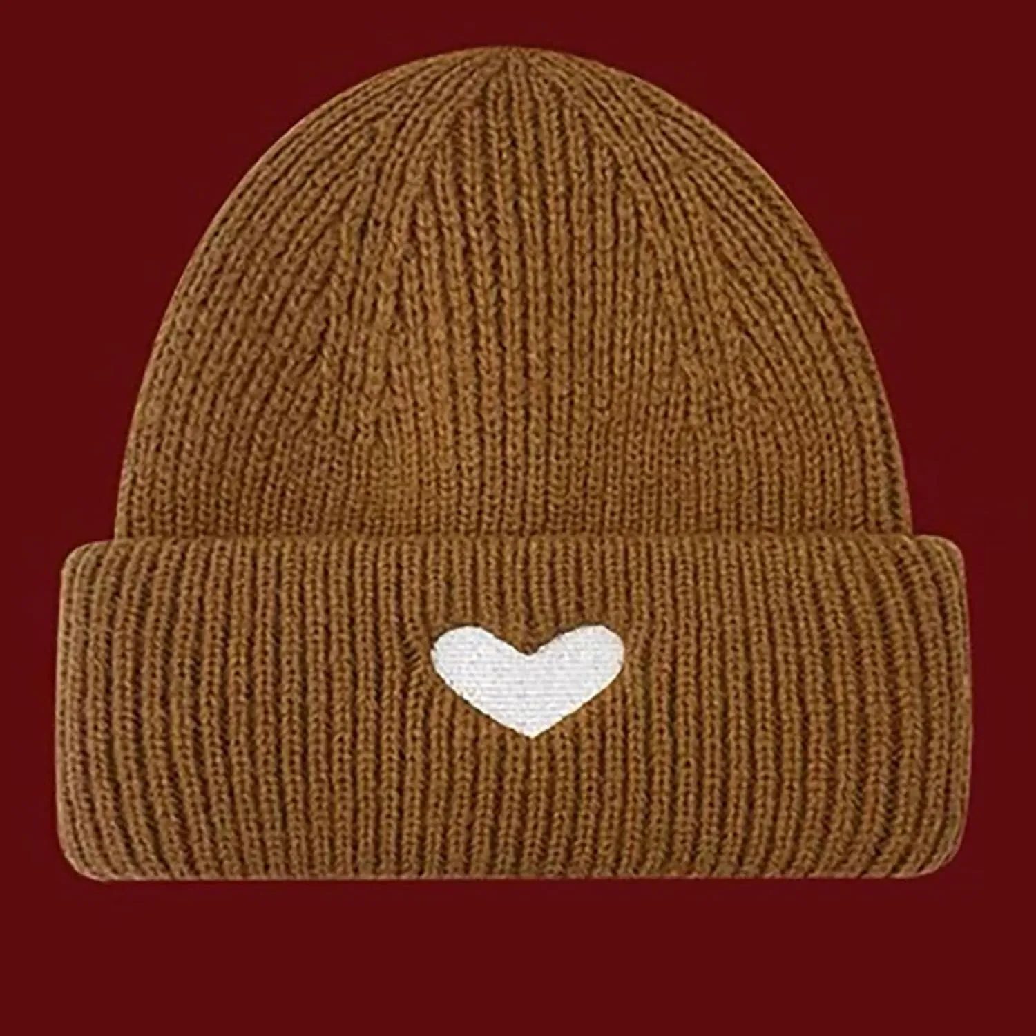 Womens Beanie Hat, Men Winter Ski Hat, Warm Cuffed Beanies, Heart Embroidery Soft Slouchy Knitted Skull Cap Unisex