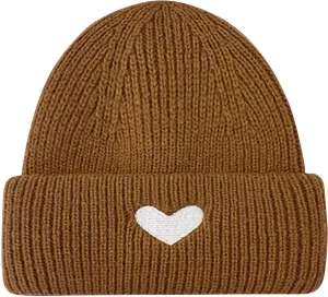 Womens Beanie Hat, Men Winter Ski Hat, Warm Cuffed Beanies, Heart Embroidery Soft Slouchy Knitted Skull Cap Unisex