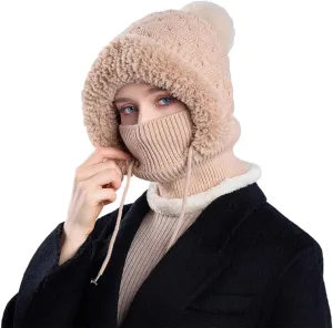 Women's Knitted Hat in Autumn and Winter, 3 in 1 Cold Resistan Hat One-Piece Warm Hat Outdoor Sport Knitted Cap
