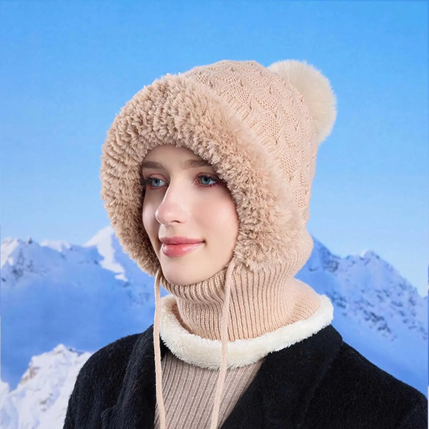 Women's Knitted Hat in Autumn and Winter, 3 in 1 Cold Resistan Hat One-Piece Warm Hat Outdoor Sport Knitted Cap