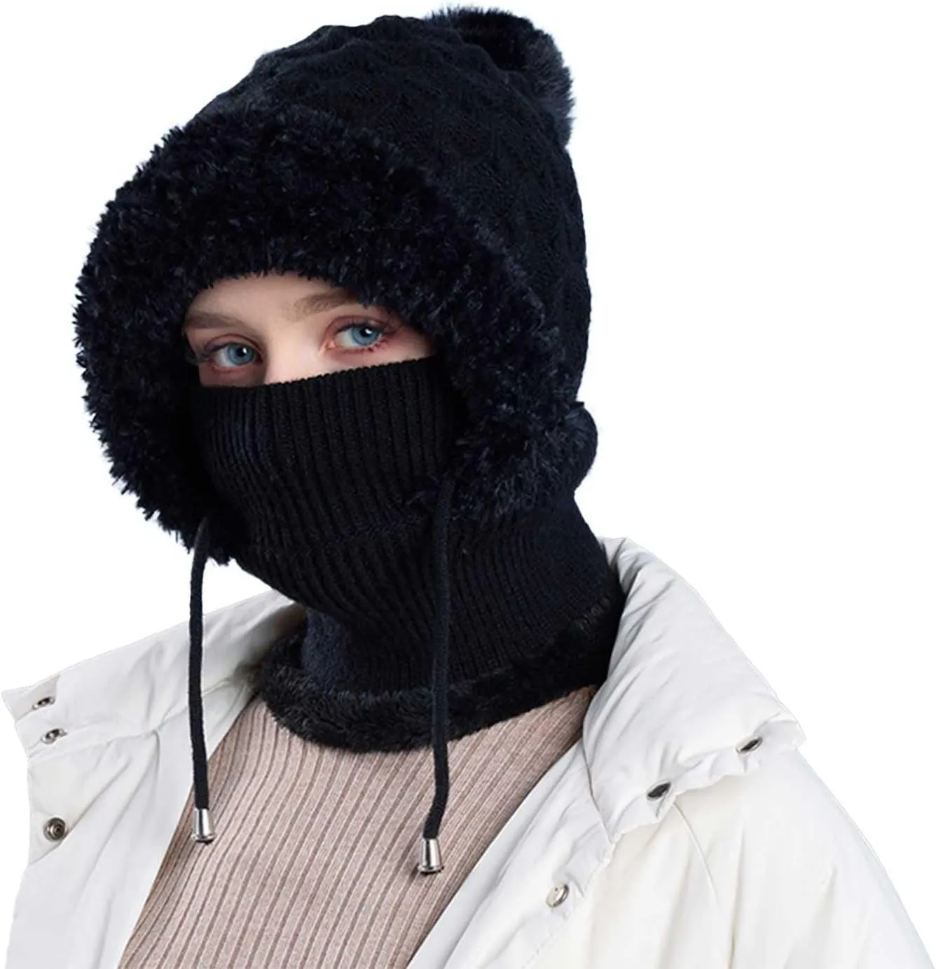 Women's Knitted Hat in Autumn and Winter, 3 in 1 Cold Resistan Hat One-Piece Warm Hat Outdoor Sport Knitted Cap
