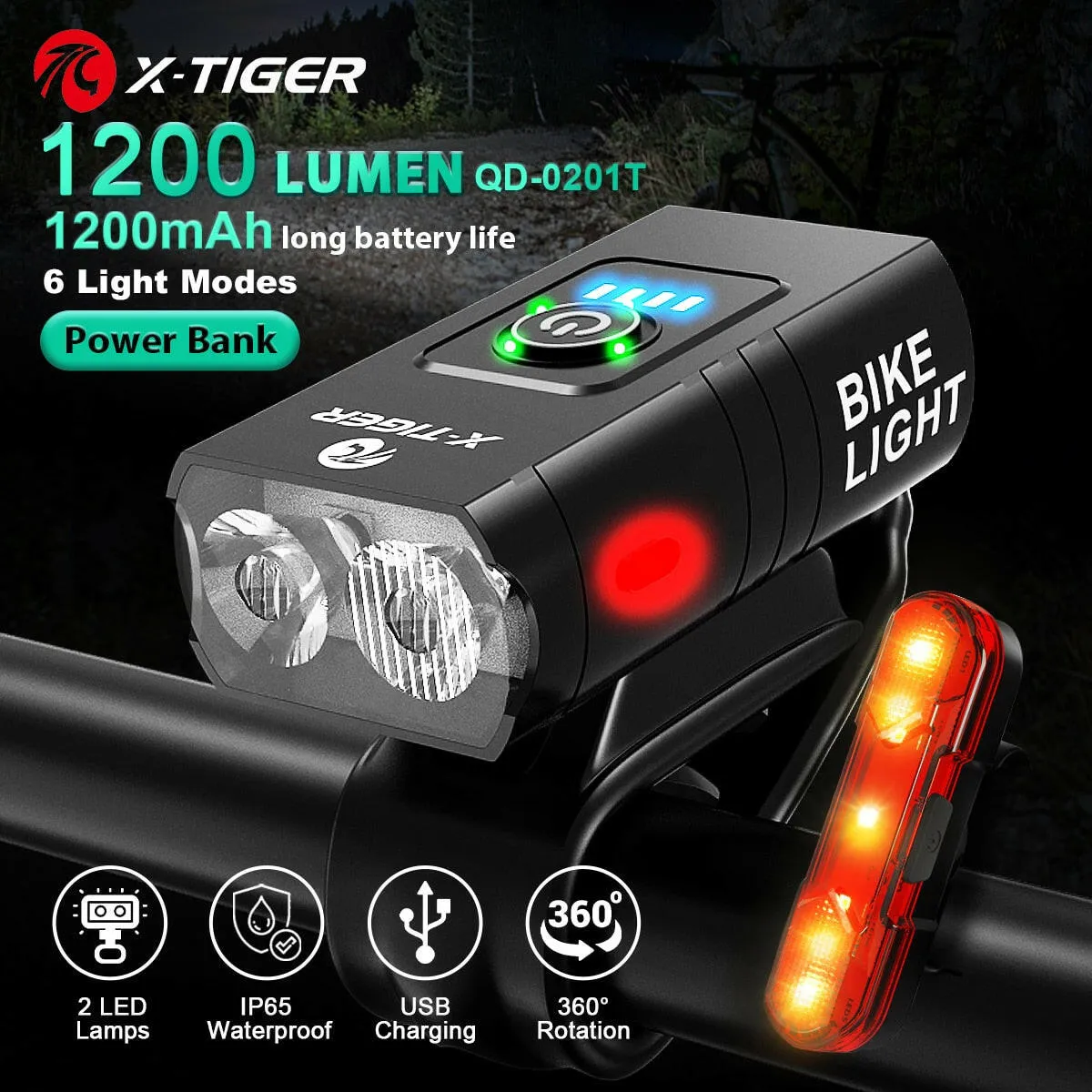 X-TIGER Cycling Headlight Waterproof Bike Light 1200 mAh USB Rechargeable LED Bicycle Lamp MTB Road Bike Front Flashlight