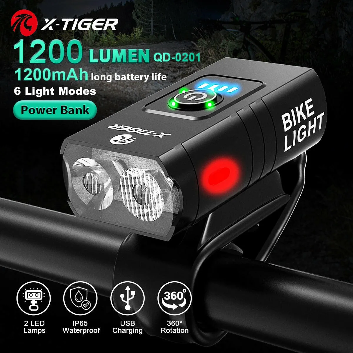 X-TIGER Cycling Headlight Waterproof Bike Light 1200 mAh USB Rechargeable LED Bicycle Lamp MTB Road Bike Front Flashlight