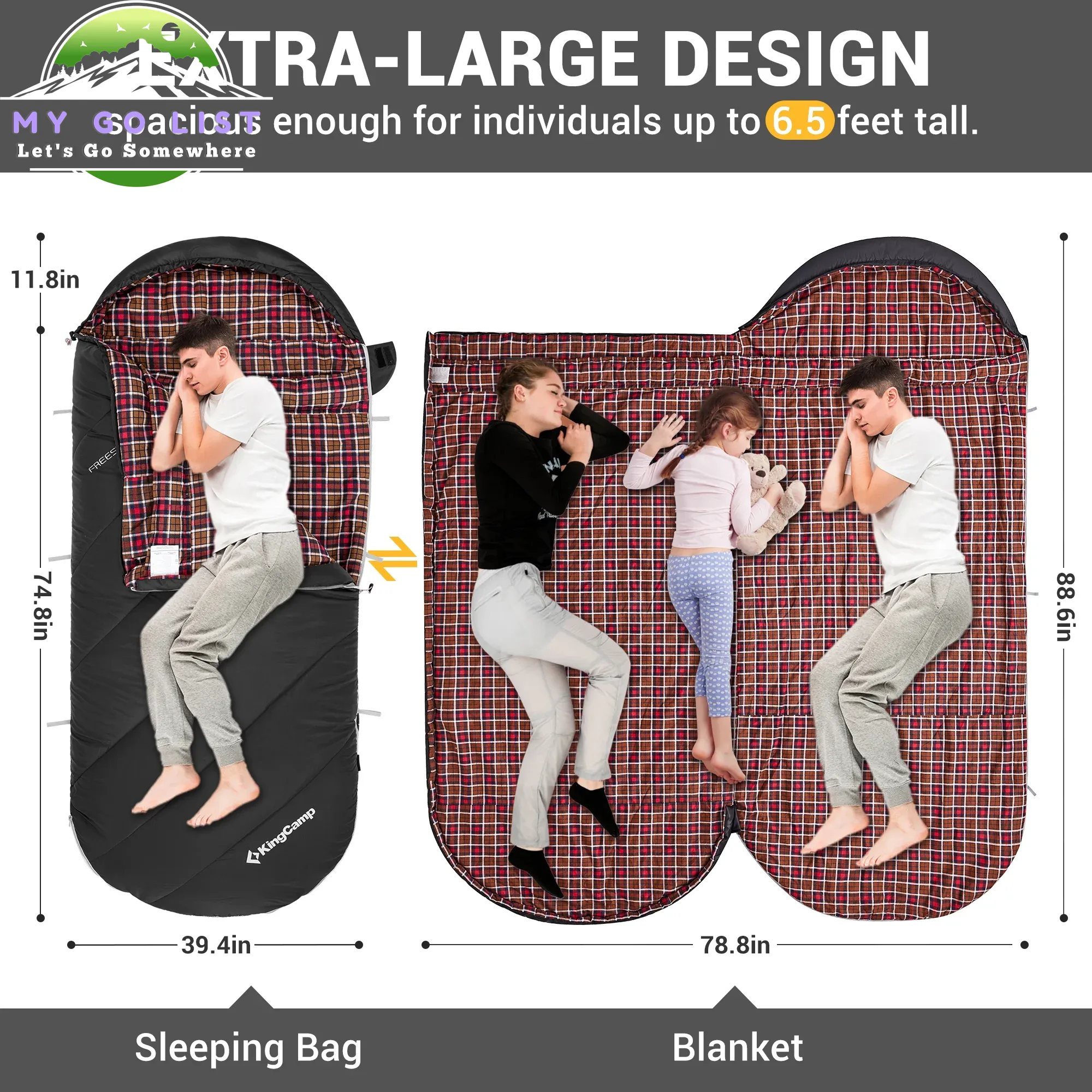 XL Camping Sleeping Bags 3 Seasons Flannel Oversized