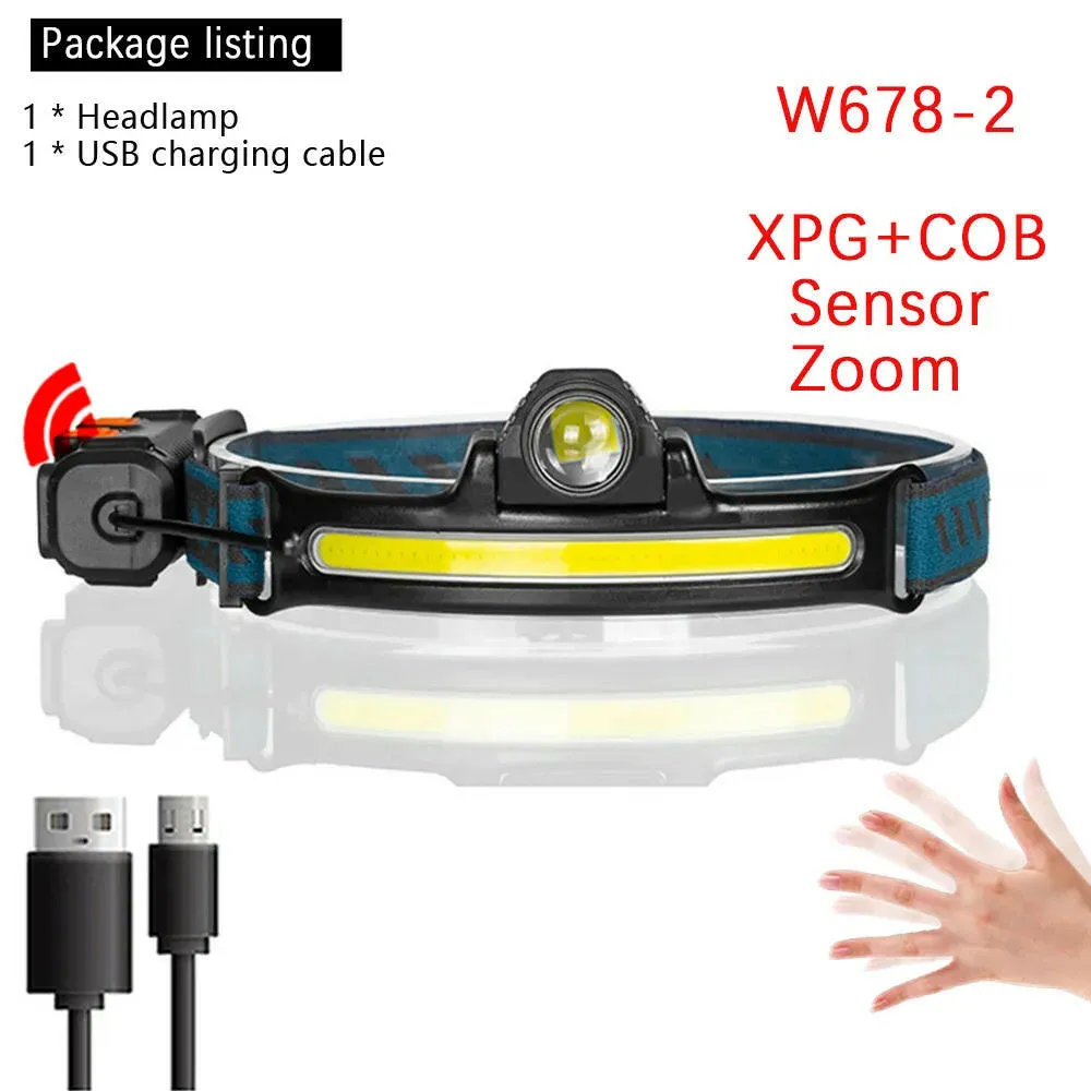 XPG COB LED USB Rechargeable Head Torch Release Induction Zoom Headlamp 6 Modes Head Lamp with Built-in Battery Flashlight