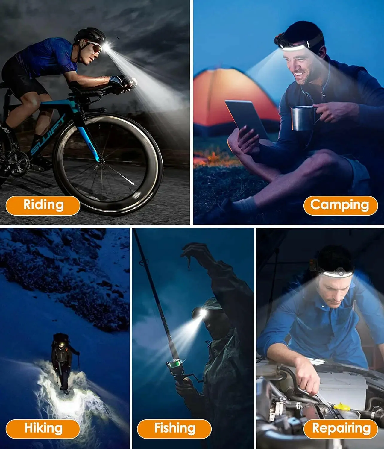 XPG COB LED USB Rechargeable Head Torch Release Induction Zoom Headlamp 6 Modes Head Lamp with Built-in Battery Flashlight