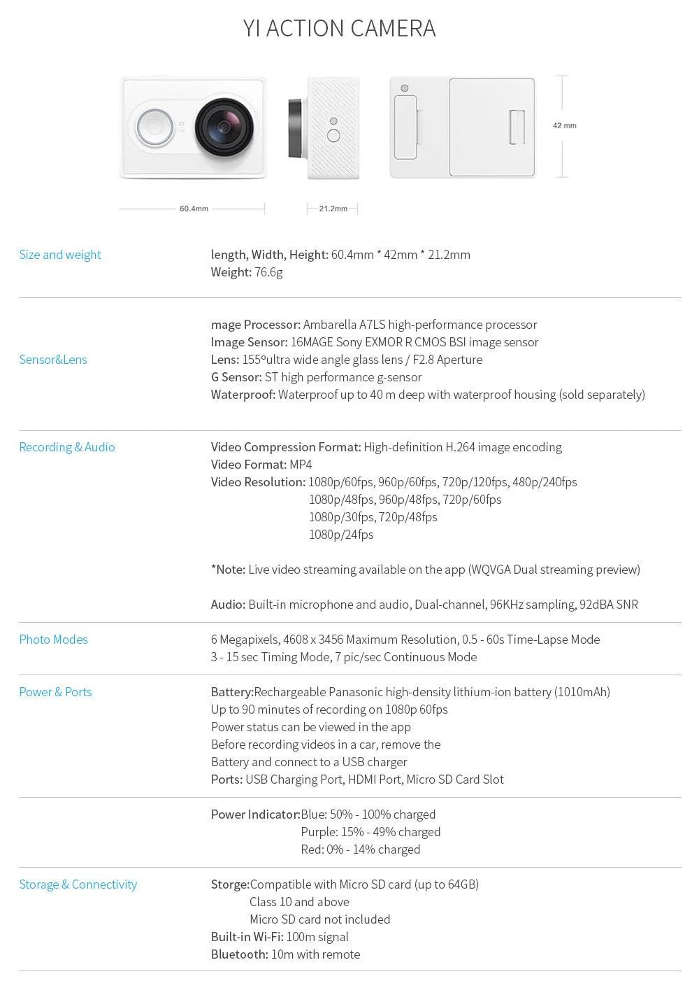 YI Action Camera 1080P 16.0MP 155 degree Ultra-wide Angle Sports Mini Camera