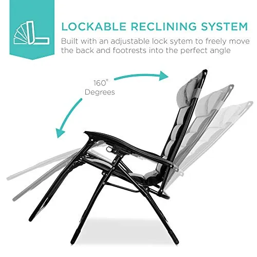 Zero Gravity Chair Camping Best Choice Products Oversized Padded Zero Gravity Chair, Folding Outdoor Patio Recliner, XL Anti Gravity Lounger for Backyard w/Headrest, Cup Holder, Side Tray, Polyester Mesh - Gray