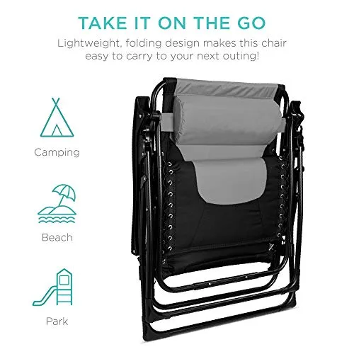 Zero Gravity Chair Camping Best Choice Products Oversized Padded Zero Gravity Chair, Folding Outdoor Patio Recliner, XL Anti Gravity Lounger for Backyard w/Headrest, Cup Holder, Side Tray, Polyester Mesh - Gray