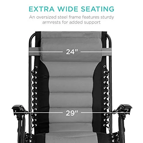 Zero Gravity Chair Camping Best Choice Products Oversized Padded Zero Gravity Chair, Folding Outdoor Patio Recliner, XL Anti Gravity Lounger for Backyard w/Headrest, Cup Holder, Side Tray, Polyester Mesh - Gray