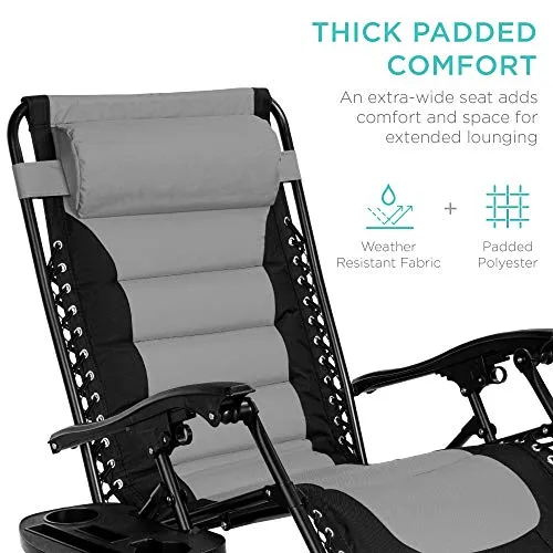 Zero Gravity Chair Camping Best Choice Products Oversized Padded Zero Gravity Chair, Folding Outdoor Patio Recliner, XL Anti Gravity Lounger for Backyard w/Headrest, Cup Holder, Side Tray, Polyester Mesh - Gray
