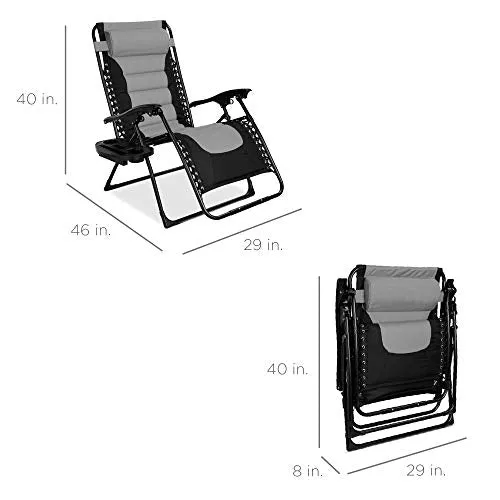 Zero Gravity Chair Camping Best Choice Products Oversized Padded Zero Gravity Chair, Folding Outdoor Patio Recliner, XL Anti Gravity Lounger for Backyard w/Headrest, Cup Holder, Side Tray, Polyester Mesh - Gray