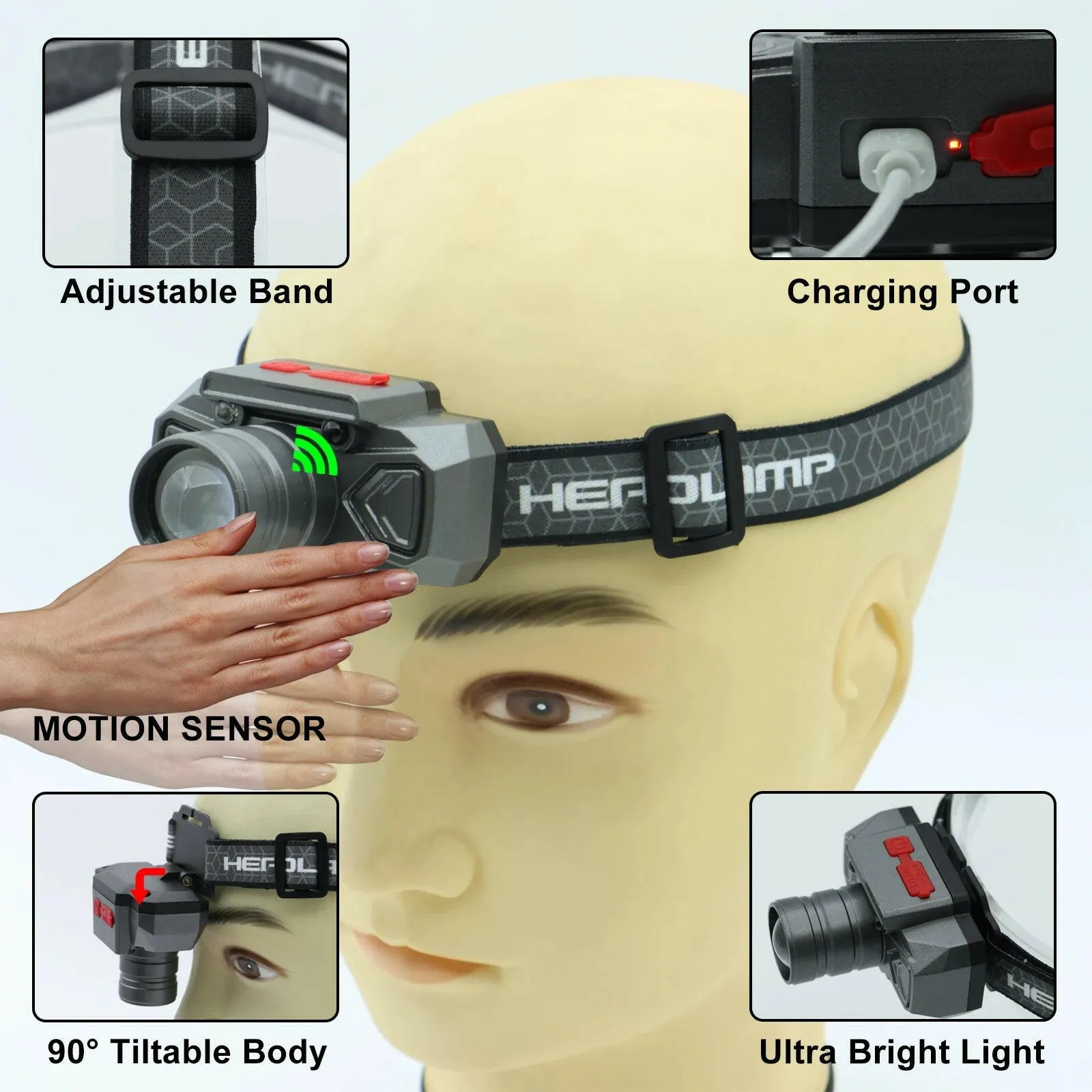 Zoom Rechargeable Flashlight LED Headlights High Power Sensor Light Headlamp Head-mounted Searchlight with USB Charging Outdoor