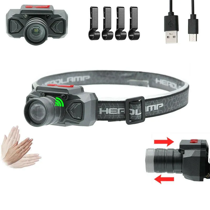 Zoom Rechargeable Flashlight LED Headlights High Power Sensor Light Headlamp Head-mounted Searchlight with USB Charging Outdoor