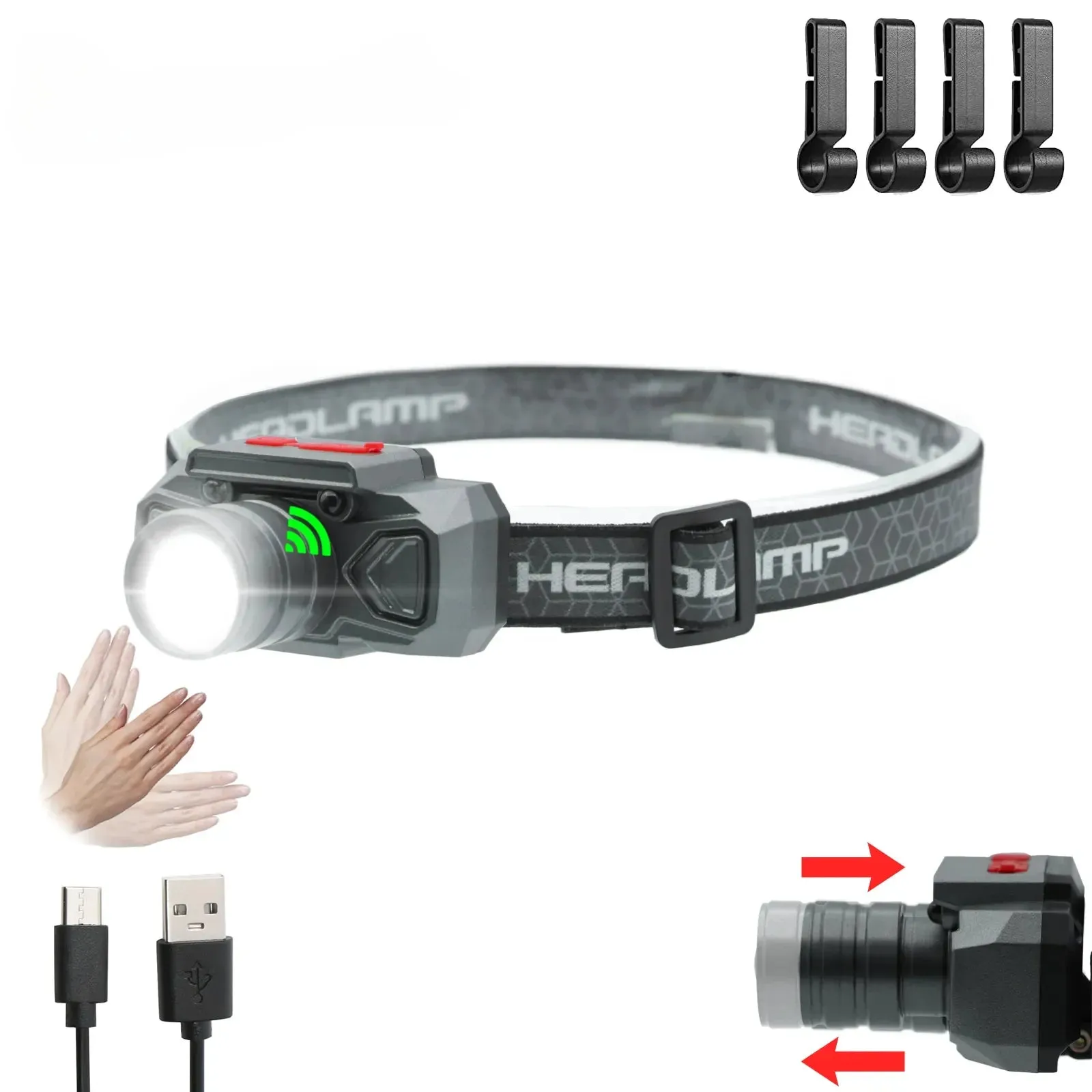 Zoom Rechargeable Flashlight LED Headlights High Power Sensor Light Headlamp Head-mounted Searchlight with USB Charging Outdoor
