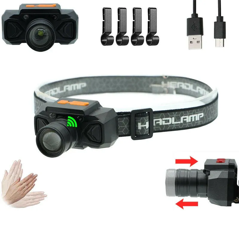 Zoom Rechargeable Flashlight LED Headlights High Power Sensor Light Headlamp Head-mounted Searchlight with USB Charging Outdoor